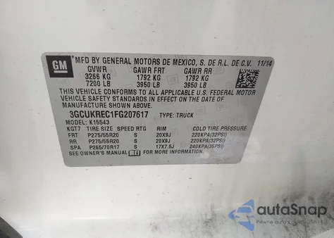 2015 Chevrolet Silverado 1500 1Lt из США, поврежденный, VIN 3GCUKREC1FG207617